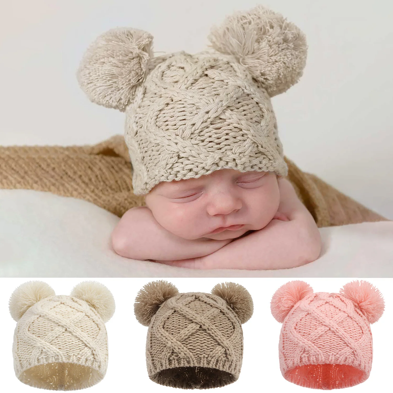 Winter Newborn Photography Casual Everything Baby Cute Bear Warm Soft Comfortable Breathable Wool Knit Double Ball Hat