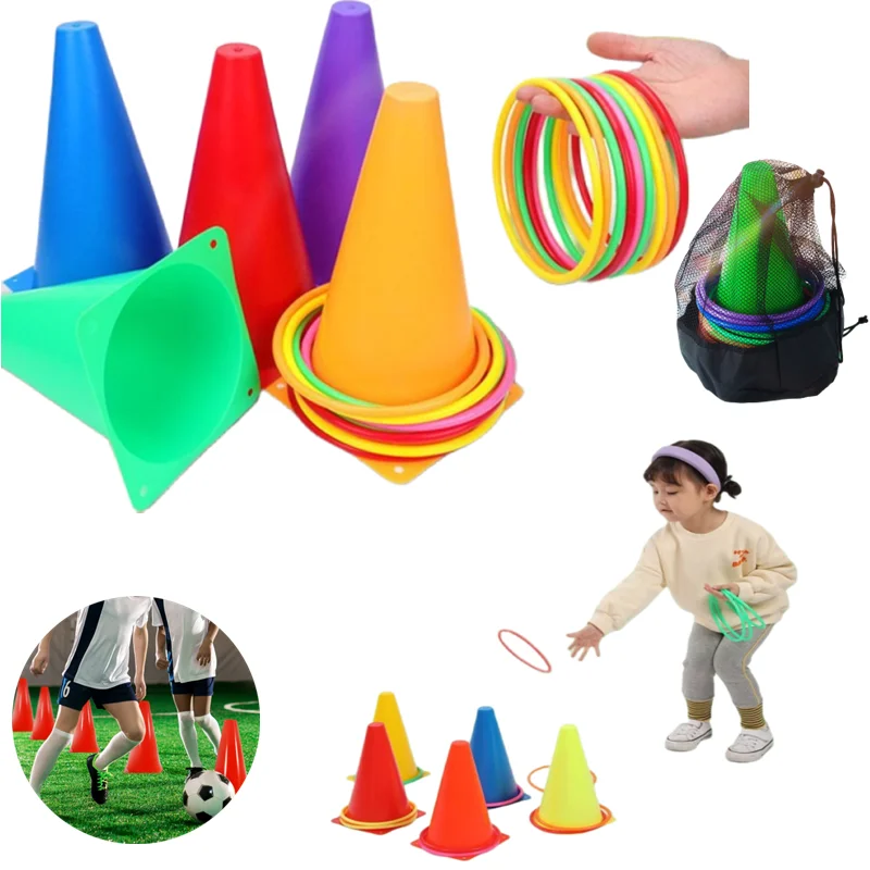 juguete Traffic Cone Throwing Circle Set Kid Party Games Toys For Leisure Game Ice Cream Cone Throwing Toy Loop Logo Bucket Set