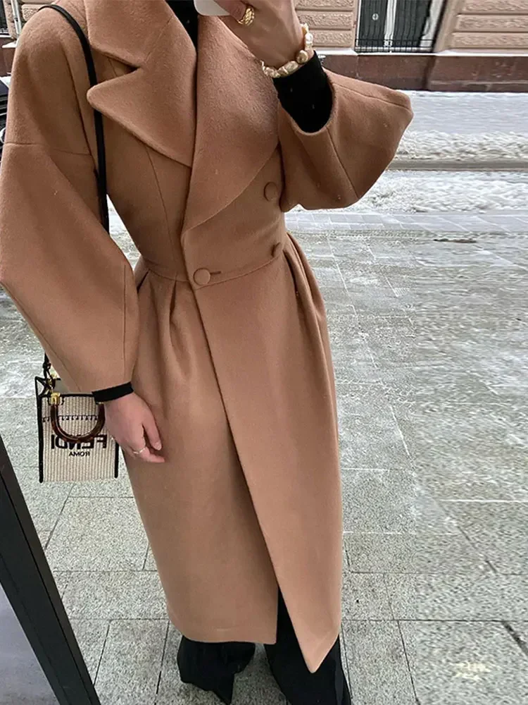 Women Lapel Lantern Sleeve Long Jackets Solid Double Breasted Waist Fold Woolen Coat Winter Thick Warm Female Elegant Outwear