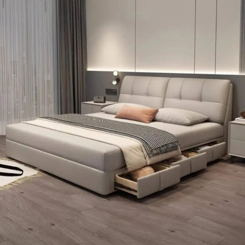 Camas Matrimoniales Modernas de Lujo con Cajones y Cabeceros Grises para Dormitorios, Estructuras de Cama Doble y King Size, Muebles de Diseño