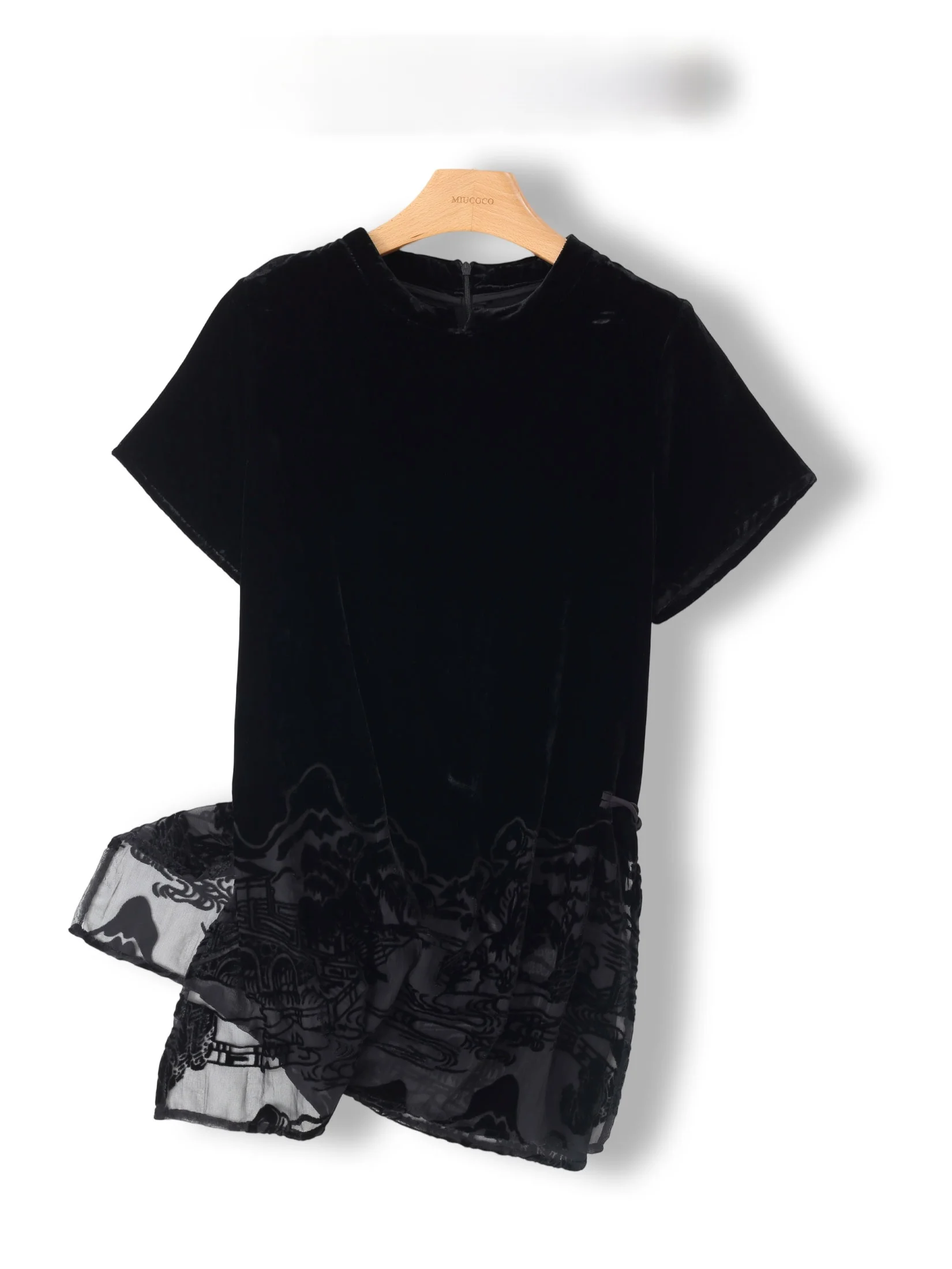 

Velvet Short Sleeve Shirt Embroidered Patchwork Split High-End Design Sense Chinese Style Straight Cut Mid-Length Women's Top
