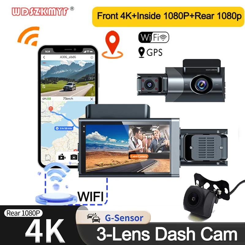 4K Dash Cam for Cars 3inch Car DVR 3Channel Camera Video Recorder WIFI GPS Camera for Vehicle 3 camera Dashcam Car Accessories