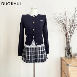 DUOJIHUI Three Piece Solid Color Knit Women's Cardigan Autumn Chicly Slim Top Fashion Plaid Skirts O-neck Button Female Cardigan