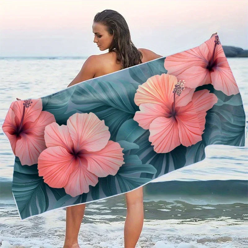 Vibrant Hibiscus Flower Print Super Soft Microfiber Beach Towel - Sand Free, Lightweight, Absorbent, Tropical Themed Design