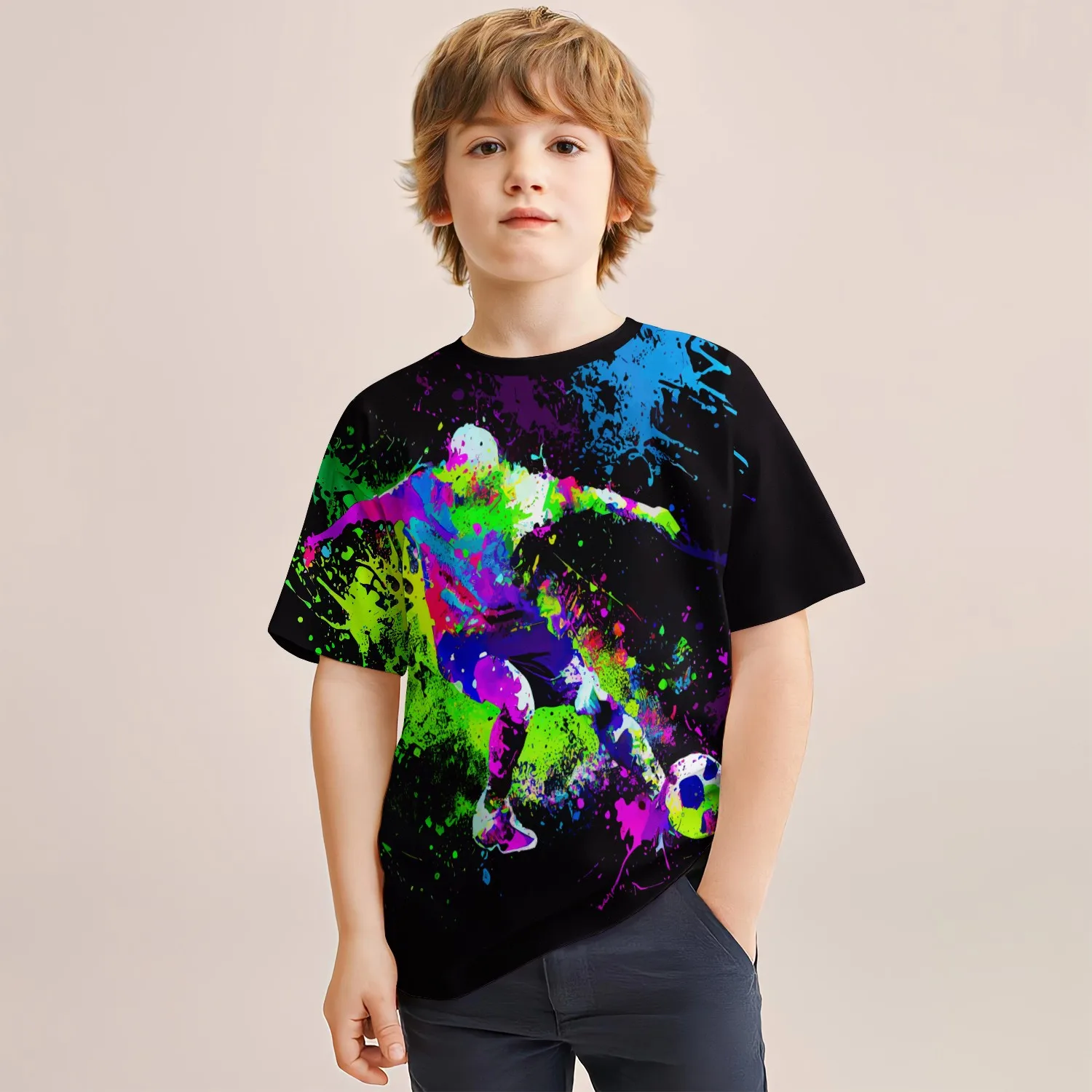 Children's round neck pullover, summer trend, high-quality 3D football World Cup printed short sleeved T-shirt, vacation style