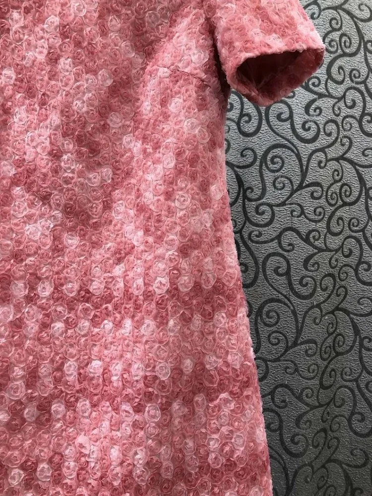 Elegant Office Ladies New Spring Summer Flower Dress Fashion Designer Short Sleeve O-Neck Zipper Short Dresses Women Pink Dress