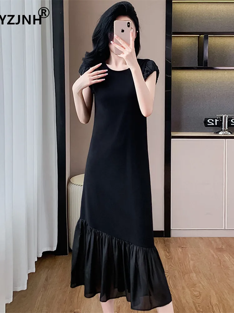 YZJNH 2024 Women's Summer Dress Korean Edition Loose Round Neck Sleeveless Dress with Panel Ruffle Edge Black Large Size Dress