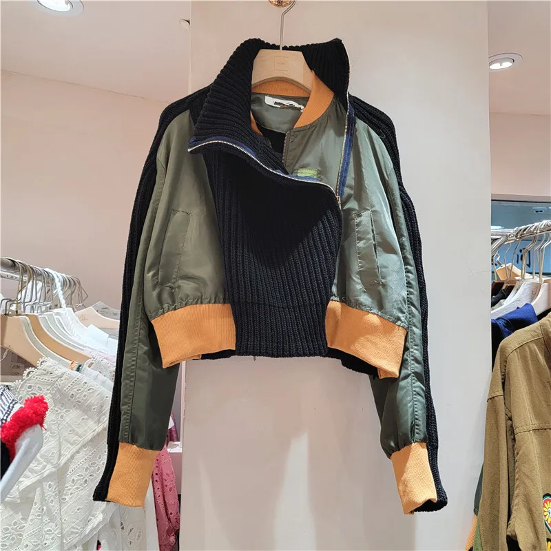 WTHT Trendy 2024 Winter New Patchwork Fake Two-piece Side Zipper Knit Coat Turtleneck Long Sleeves Jacket Female 1LS357