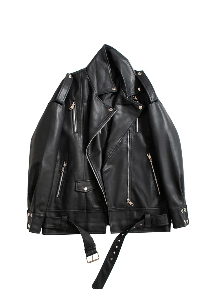 Ailegogo Spring Autumn Women Loose Moto Biker Pu Faux Leather Jacket with Belt Streetwear Female Zipper Lapel Coat Outwear Tops