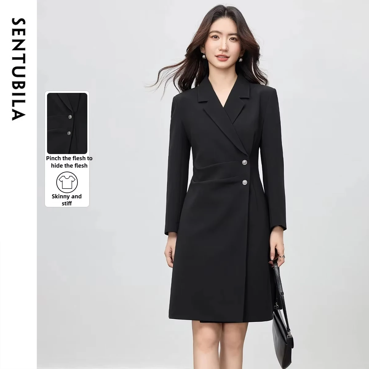 

SENTUBILA Women's Long Sleeve Blazer Dress Autumn Solid Notched Collar Dress Shoulder Elegant Commute Female Dresses 153LC3124
