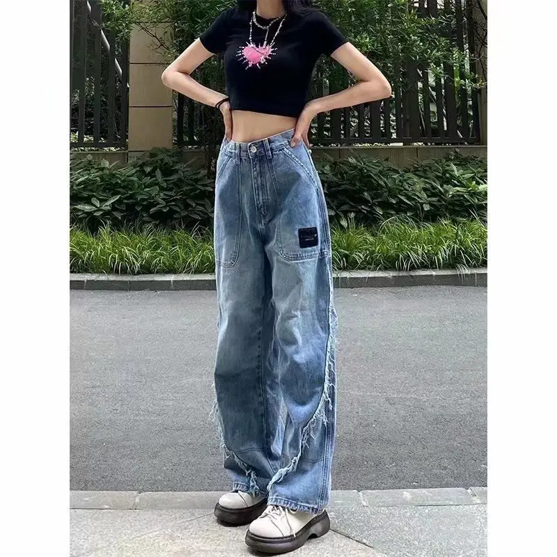 2023 New Vintage Jeans for Women Spring and Autumn Loose Fitting High Waist Personalized Hong Kong Style Floor Mop Pants Trend