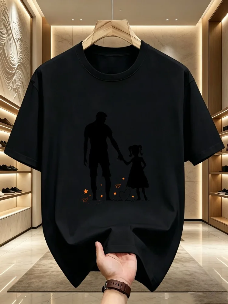 Mens Cotton Crew Neck Tee Dad Girl Hand In Hand Silhouette Print Short Sleeve Tee Family Love Heart Plane Star Casual Daily Top