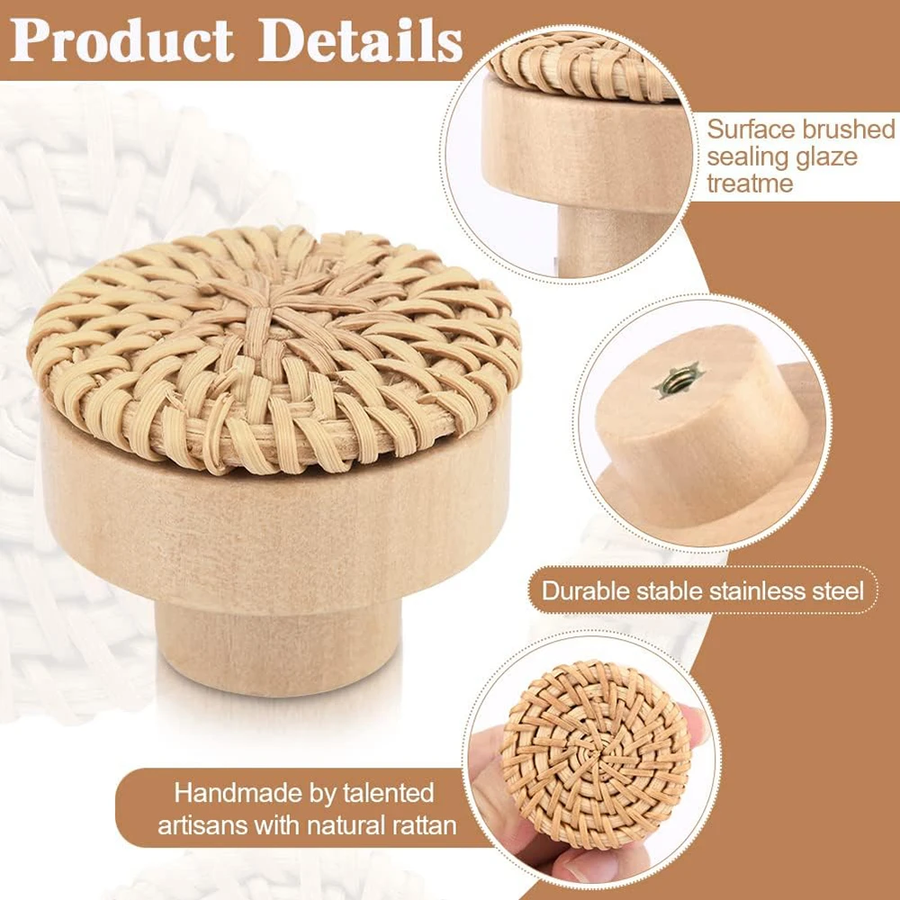 2-48pcs Rattan Wooden Handles Round Handmade Cabinets Drawer Pulls Wood Kitchen Cupboard Wardrobe Door Dresser Knobs