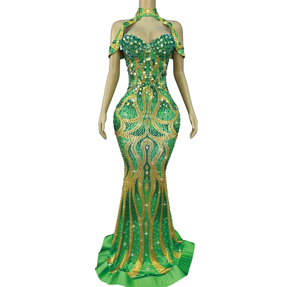 Luxurious High-end Twinkling Green Rhinestones Trim fit Cape collar Elegant Dress Evening Prom Gowns Red carpet Show Stage Wear