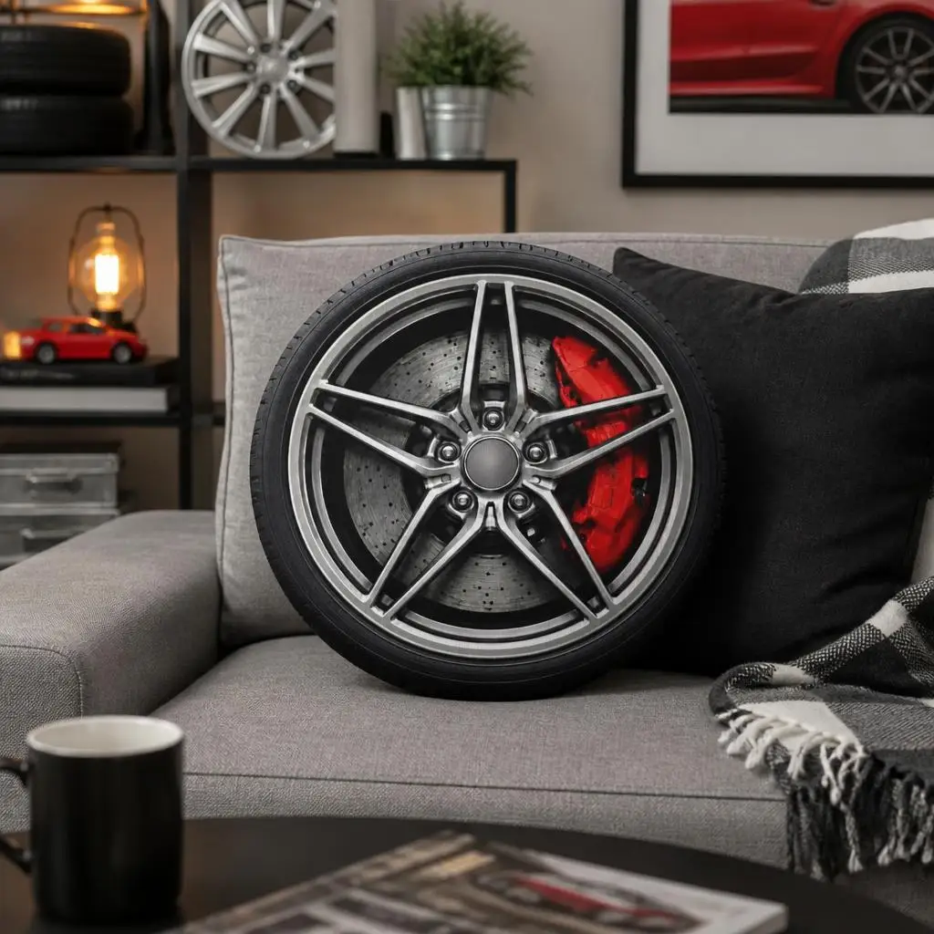 Automotive Wheel Throw Pillow Performance Brakes Cushion Tire Shaped Stuffed Pillow Sports Car Home Decor Sofa Garage Gift