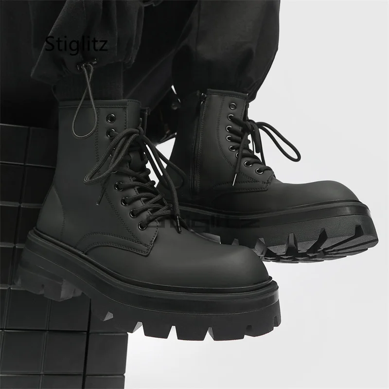 

High Top Motorcycle Boots Men's Platform Black Climbing Shoes New Big Head Knight Boots Thick Soled Heightening Leather Shoes