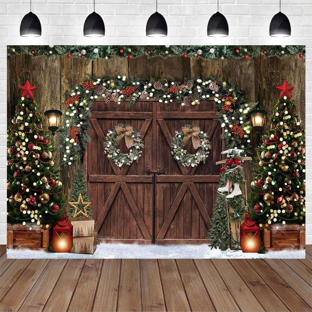 Mocsicka Drewniane Drzwi Śnieg Pole Choinka Wieniec Zdjęcie Tło Zimowe Dziecko Portret Fotografia Tło Studio Photocall