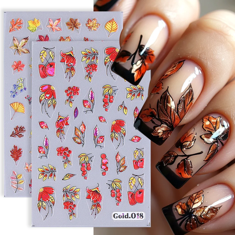 2 stücke Laser Herbst Winter Holly Ahorn Blätter Nagel Aufkleber Holographische Ginkgo Design Klebstoff Slider DIY Charme Aufkleber Maniküre Tipps