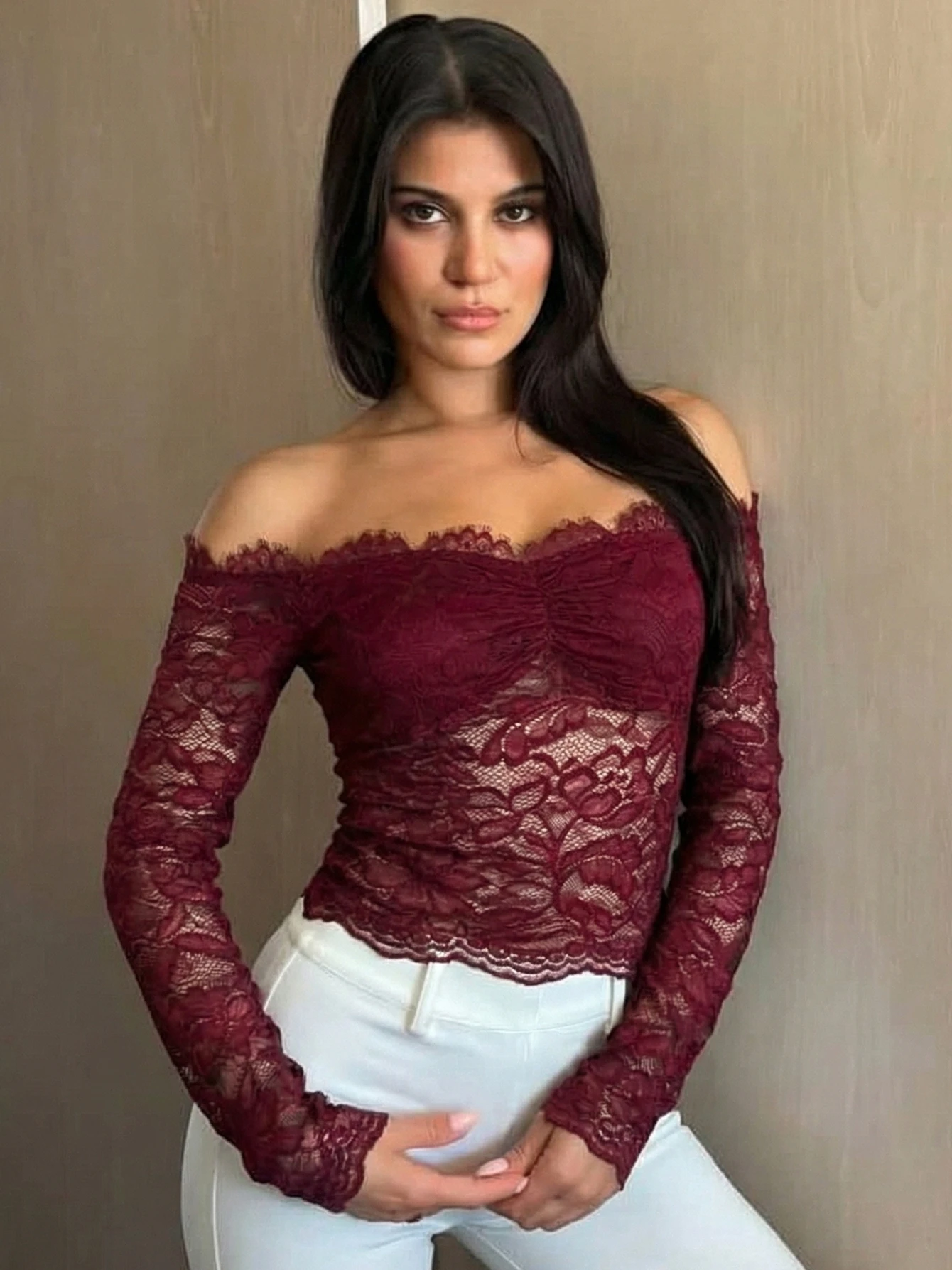 Hugcitar Women Elegant Lace Slash Neck Long Sleeve Sexy See Through Ruffles Crop T-Shirt Top Female Clothes Birthday Night Club