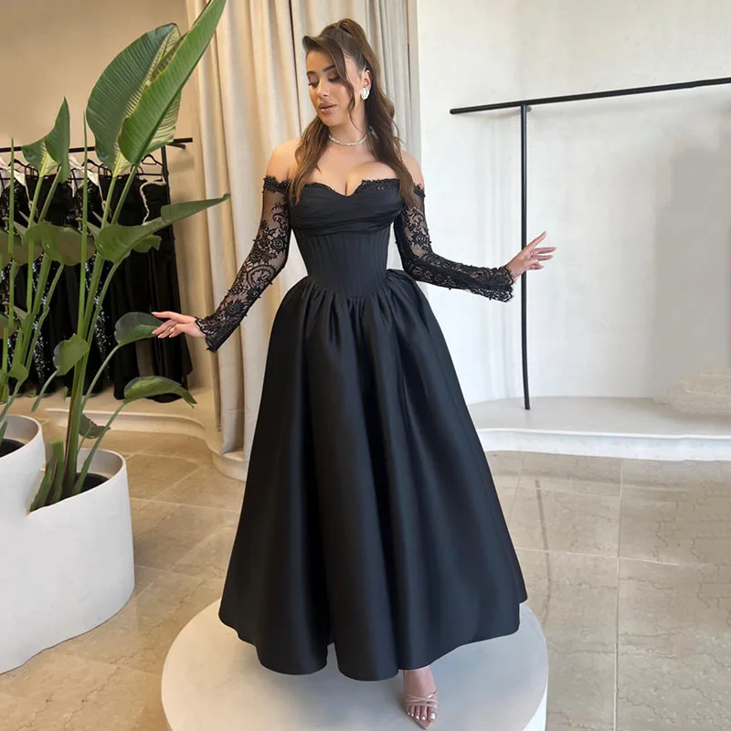 

Thinyfull Black A-Line Prom Evening Dresses Off The Shoulder Long Sleeve Party Dress Formal Night Cocktail Prom Gowns Plus Size