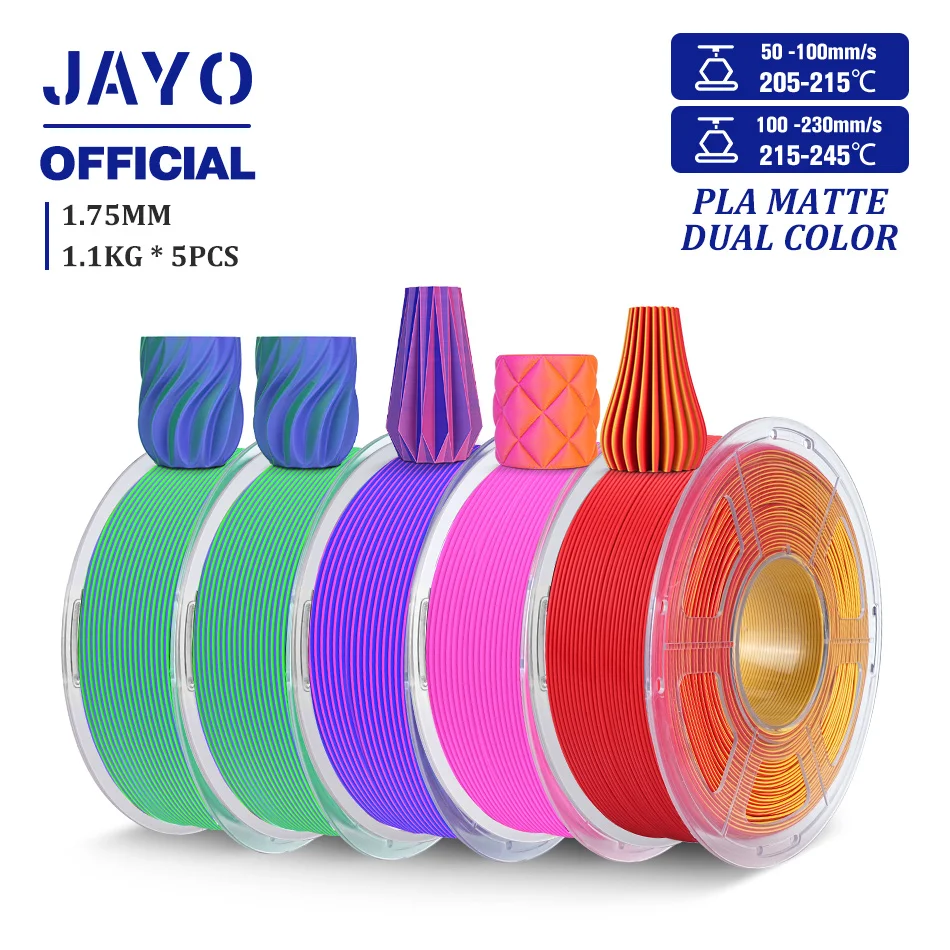 JAYO PLA Matte Dual Color 3D-filament 1,75 mm PLA Matte 3D-printerfilament 5 rollen / set PLA-filament Gladde matte afwerking