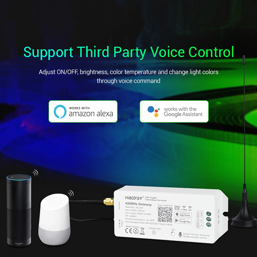 Miboxer-Gateway Wi-Fi com Controle de Voz, App LoRa, WL-433, DC5V, 433MHz, DMX512, 1990, Produtos da Série Smartphone