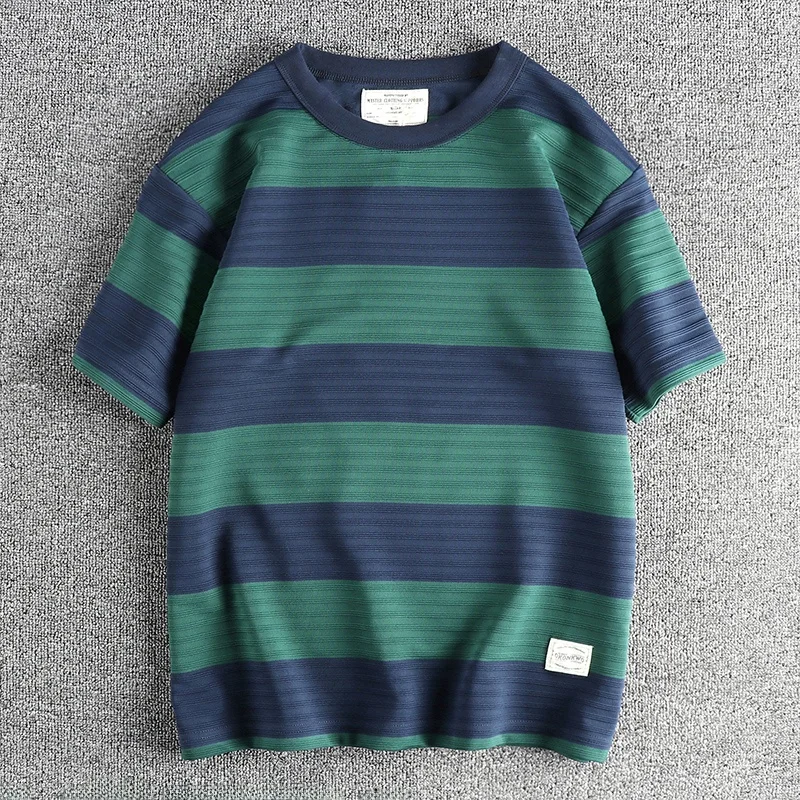 

Heavyweight Knitted Breathable Fabric Vintage Trendy Wide Stripe Short Sleeve Men's T-shirt Comfortable Loose Versatile Half ...