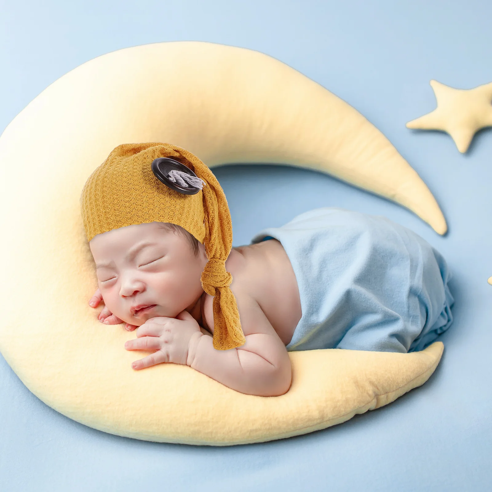 

1 set Newborn Photography Knitted Pants Sky Blue Wooden Button Hat Comfortable Outfits Photo Props Baby Clothes