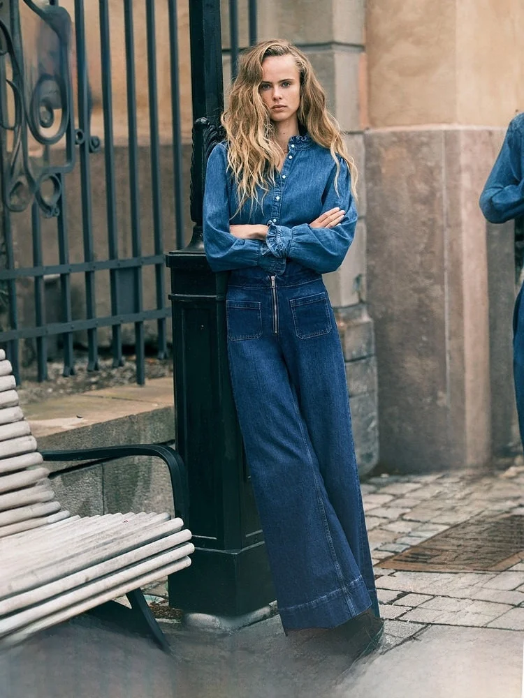 

Женские джинсы с высокой талией и широкими штанинами HM, летние, повседневные, для работы, длинные, из хлопкового бленда, эластичные