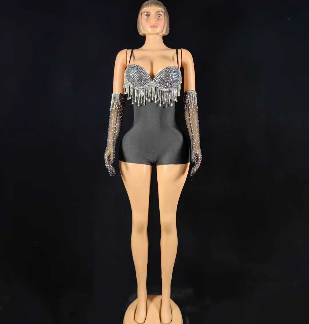 จั๊มพ์สูทสายเดี่ยวประดับพู่เซ็กซี่+ถุงมือ ชุดราตรีตาข่ายสำหรับงานพรอม งานเฉลิมฉลองวันเกิด ถ่ายภาพ โชว์บนเวที