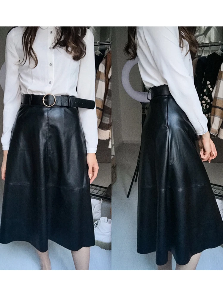 REALEFT 2022 New Autumn Winter PU-leather mi-long Skirt with Belt High Waist Vintage A-line Skirt Chic Mid-calf Umbrella Skirts