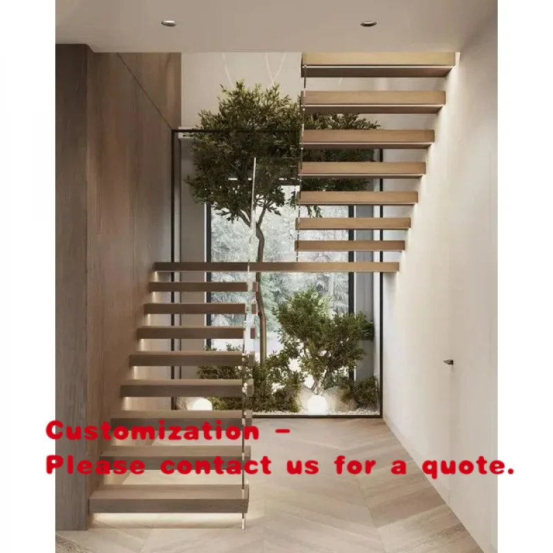 custom.Modern Design Indoor Stair Solid Wooden Steps Treads Staircase System and Glass Bottom Rails