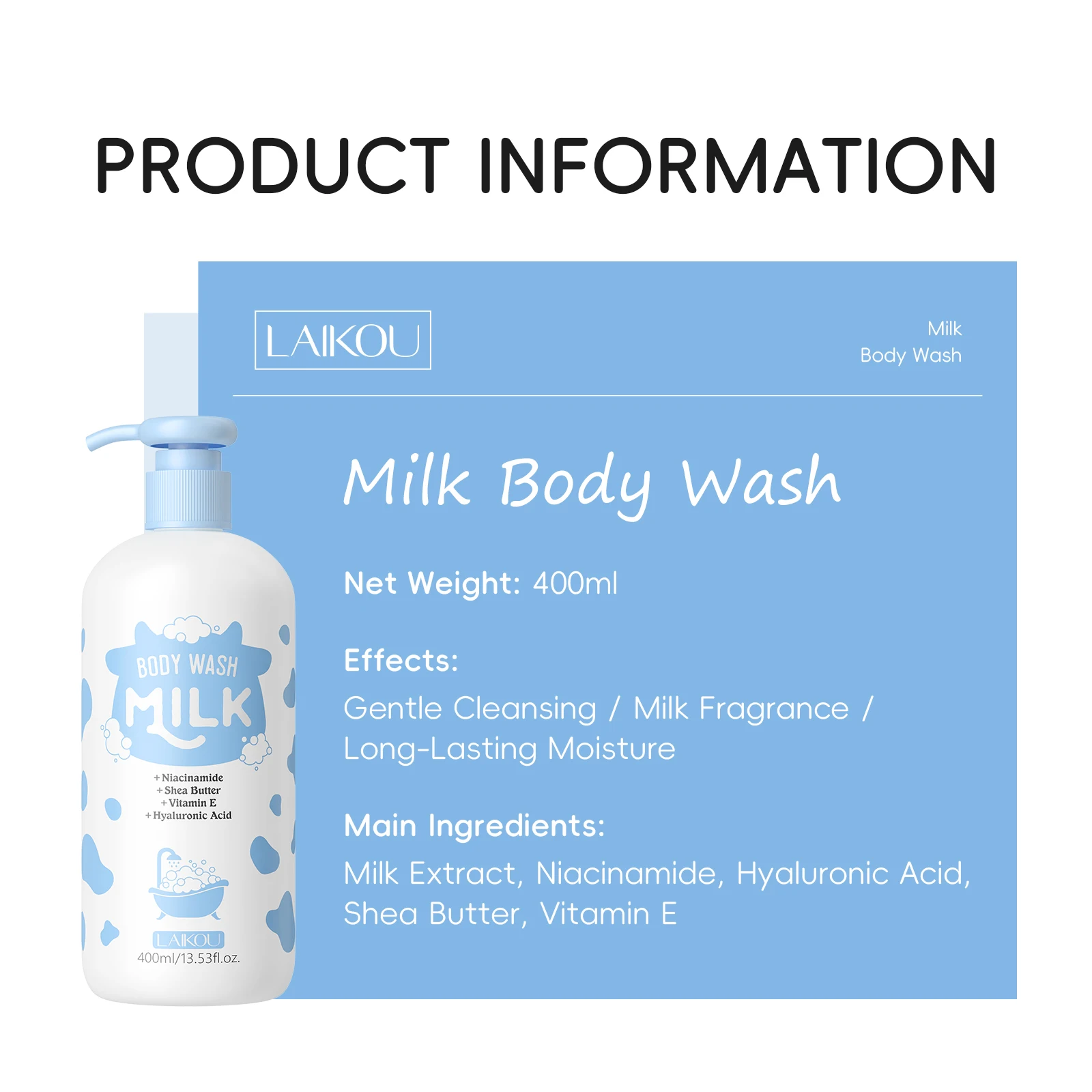 LAIKOU 400ml Milk Body Wash, Gentle Cleansing Long Lasting Moisturizing Milk Fragrance Shower Gel With Niacinamide & Shea Butter
