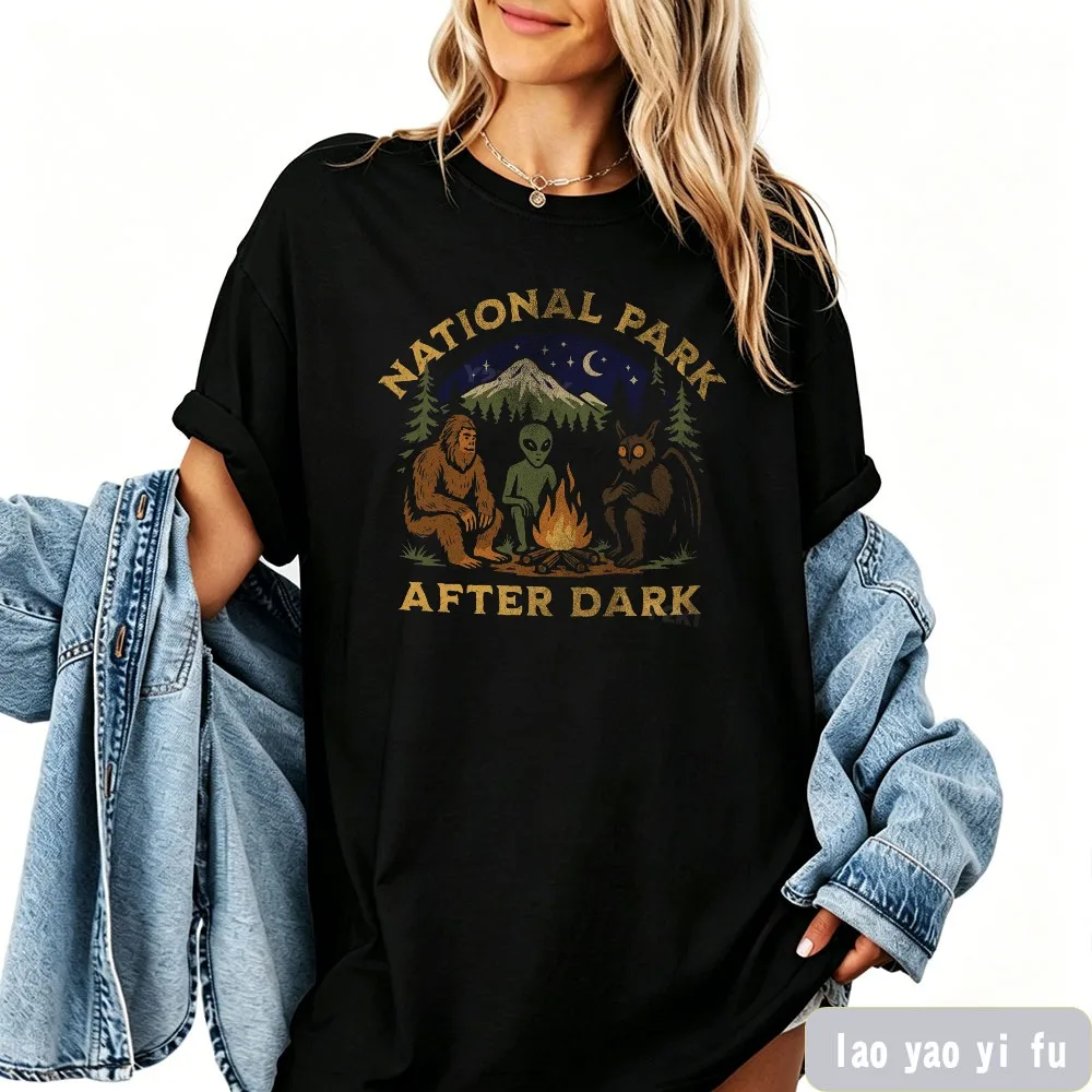 

National Park After Dark T Shirt Funny Camping Crewneck Cryptid Hiking Tees Bigfoot Mothman Alien Graphic Printing Clothes