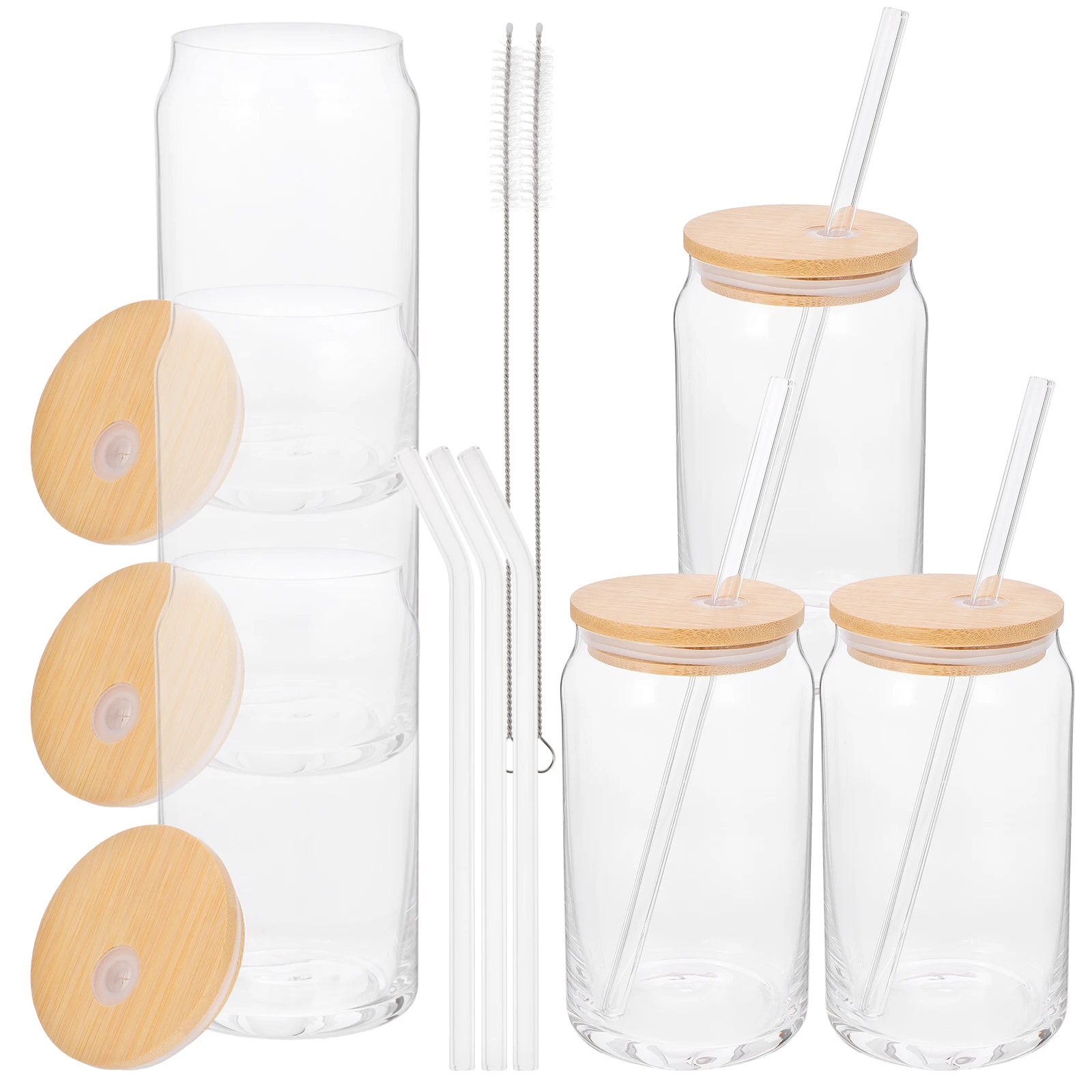 

16OZ Cup Set 4 Glass Jars Straw Lid 2 Straight 2 Bent Straws Cleaning Brush Reusable Juicing Bottles Beer Can Glass