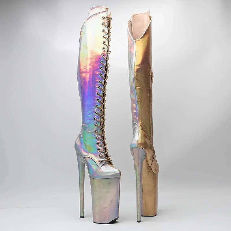 Leecabe  26CM/10inches Shiny  PU  Upper Gold With Silver color   sexy exotic High Heel platform party shoes Pole Dance boot