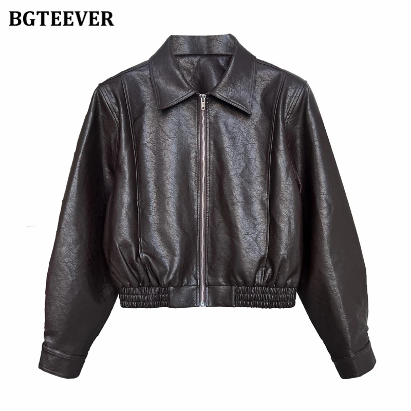 BGTEEVER Stylish Long Sleeve Zipper Up Ladies PU Leather Coats Autumn Winter Loose Pockets Classic Jackets for Women