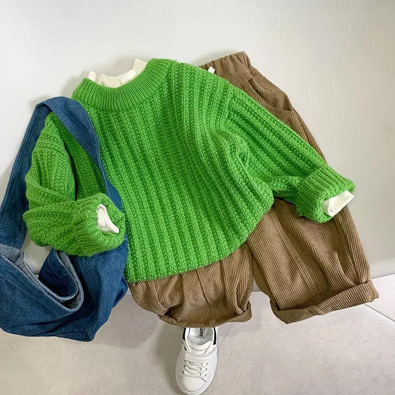 

2025 Autumn Girls Boys Casual Bright Green Knittong Sweaters Kids Outerwear
