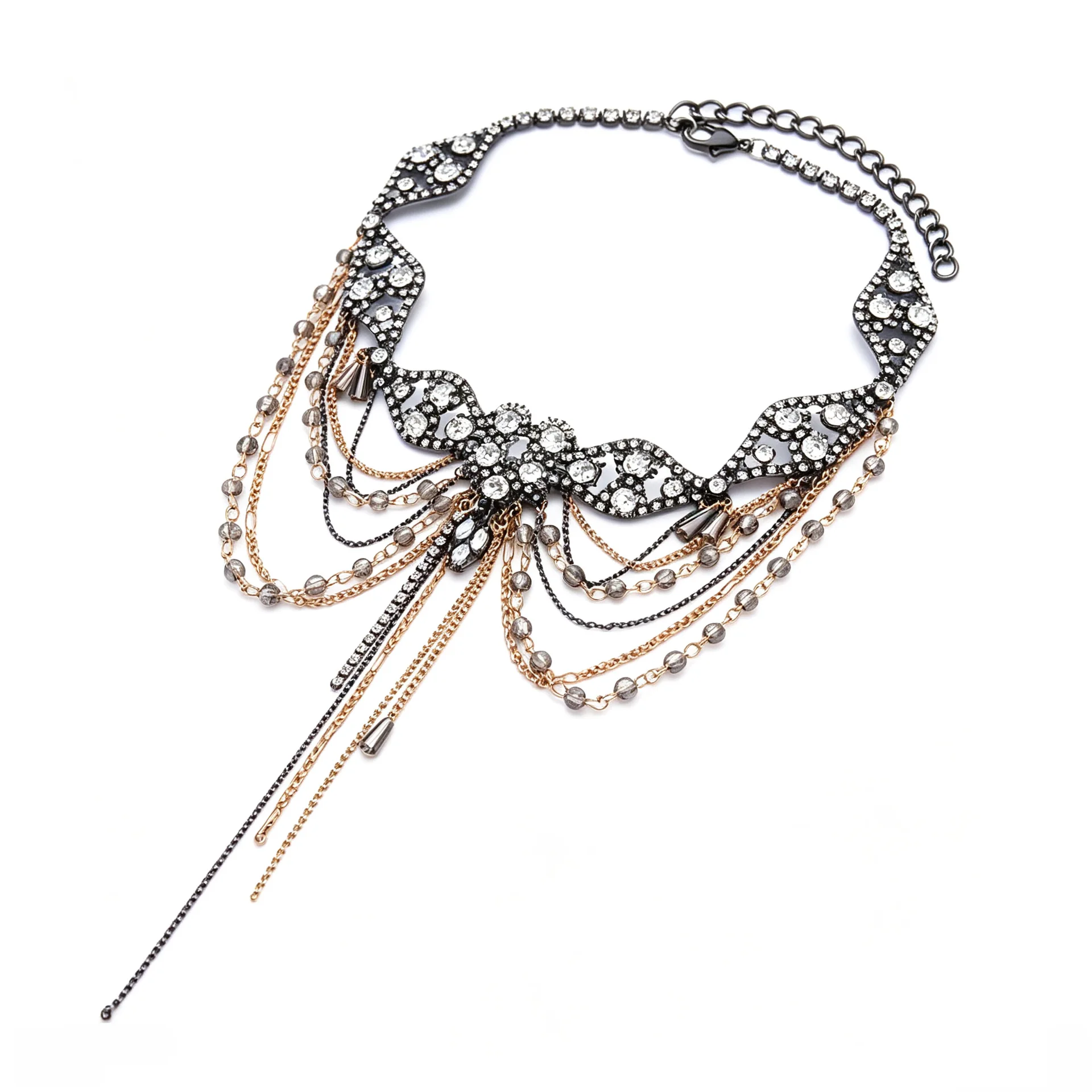 Damen Strass-Quasten-Choker-Halskette, Vintage Mehrschichtige Kette, Perlenkragen, Statement-Halskette für Hochzeitsfeier-Schmuck – Detail 5