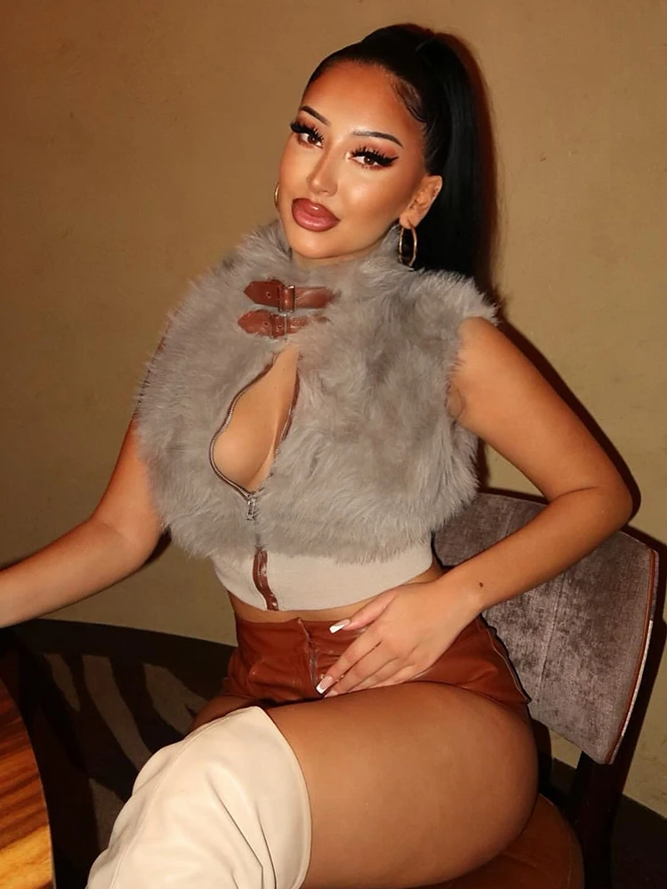 

Weird Puss Sexy Furry Tank Tops Women Autumn Trend Patchwork Zip Metal Leather Buckle Slim Hottie Wild Street Clubwear Waistcoat