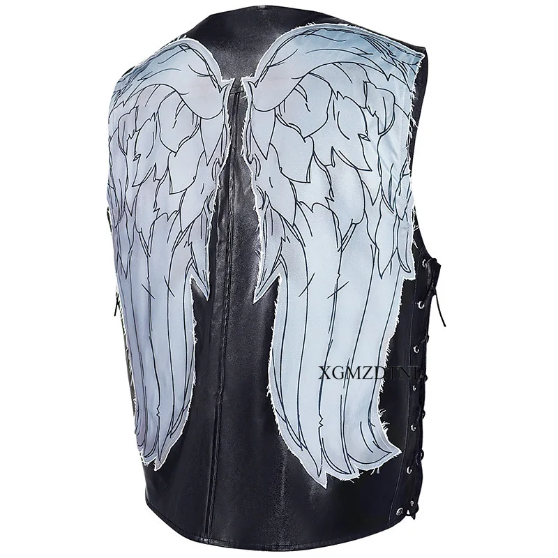 Daryl Dixon Cosplay Costume Black Faux Leather Wing Patch Vest Halloween Jacket Carnival Adult Men Motorcycle Punk Rock Suit