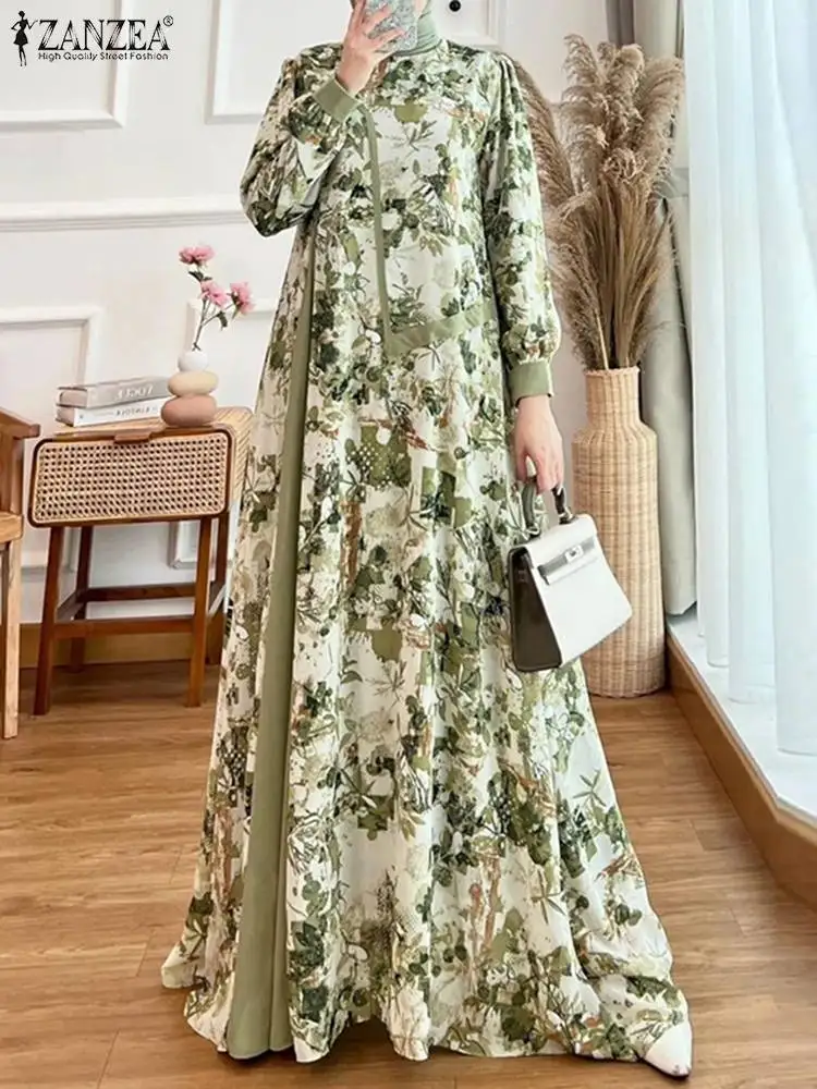 

ZANZEA 2024 Autumn Muslim Fashion Abaya Robes O Neck Islamic Patchwork Vintage A-line Vestidos Long Puff Sleeve Women Maxi Dress