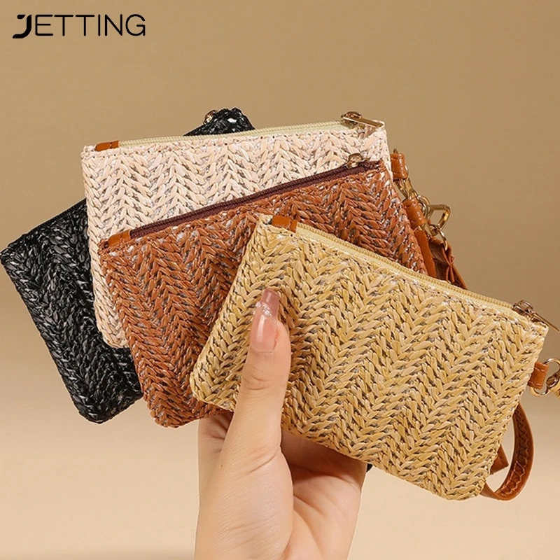 Tas dompet wanita, tas lipstik, tas penyimpan koin portabel, dompet gelang wanita modis, tas jerami warna polos 1 buah