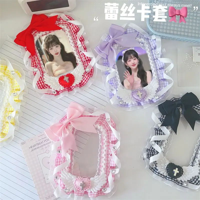 Lace Sleeve Bow Acrylic 3 Inch Photocard Holder Toploader Card Case Holder Keychain Photo Protective Cover Lolita Badge Ornament