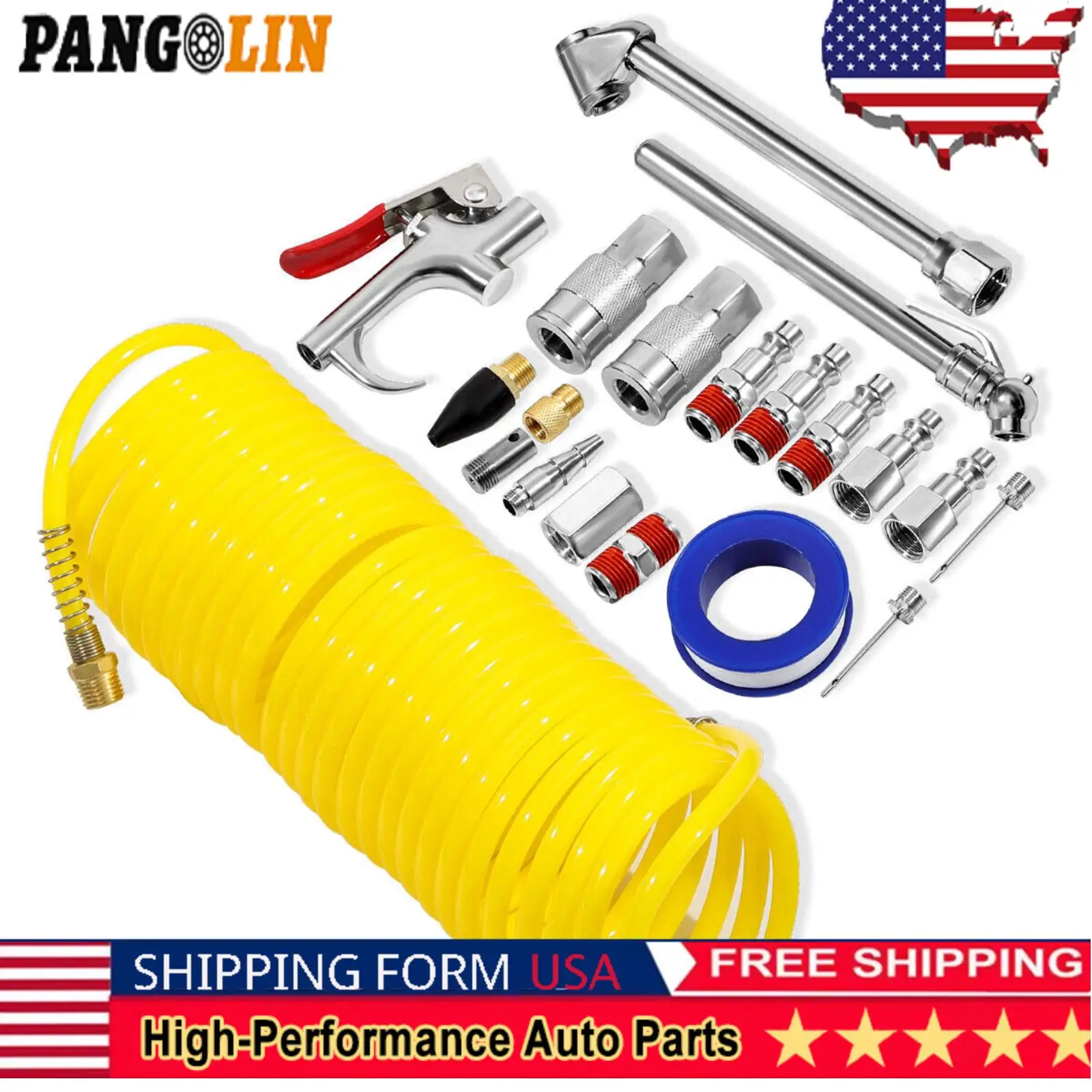 

PANGOLIN 20pcs Air Compressor Accessory Kit 25Ft Recoil Air Hose Gun Nozzles Set 1/4" NPT Engine Accessories Replacement Part