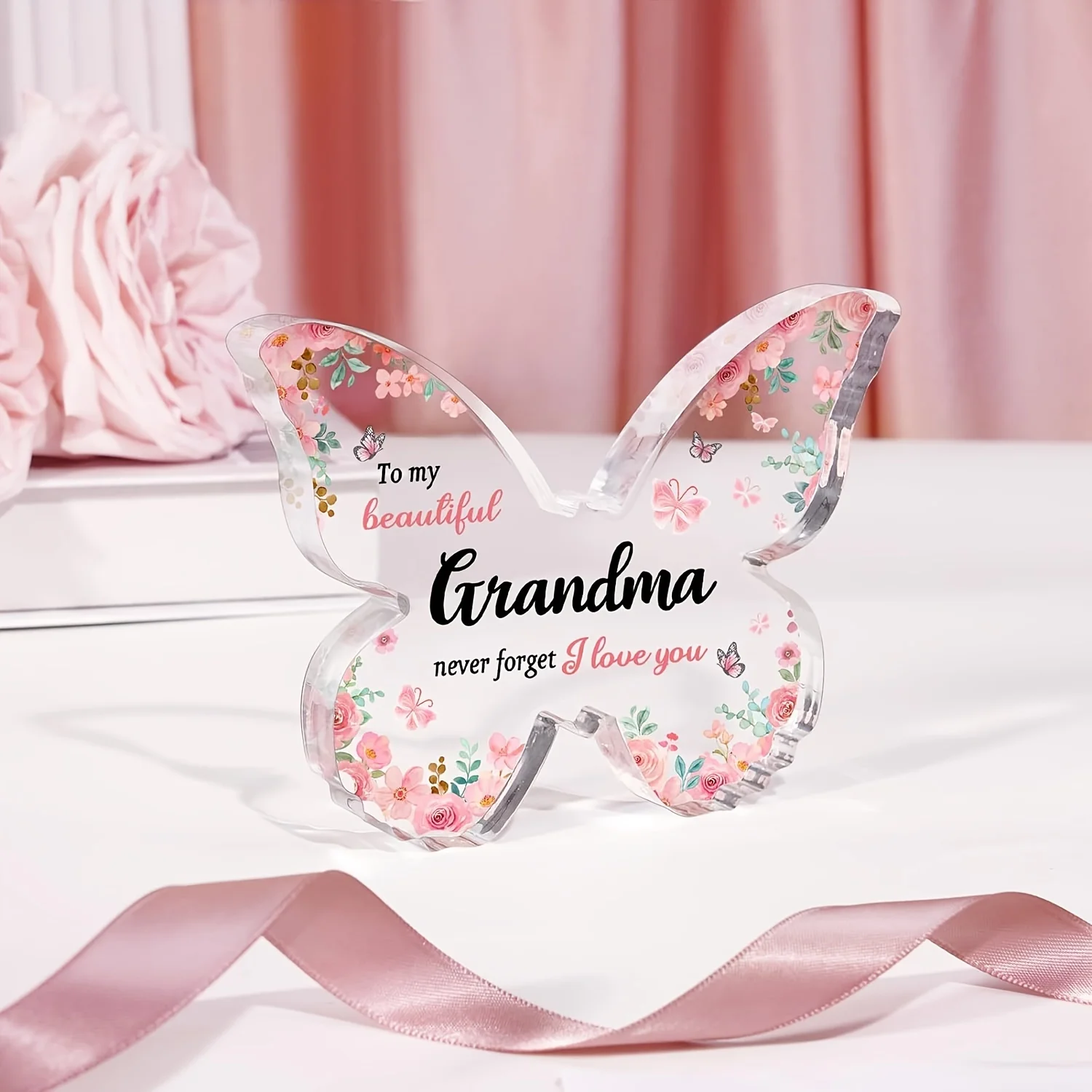 Butterfly‑Shaped Acrylic Plaque, Sweet Sentimental Gift for Grandma, Christmas & Thanksgiving Holiday Present, Floral Desktop