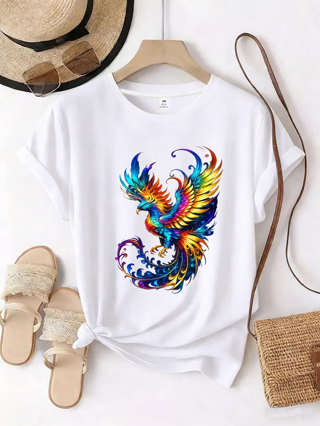 

【WZM101313】Phoenix print plus size women's round neck summer casual short sleeved street fashion versatile plus size T-shirt