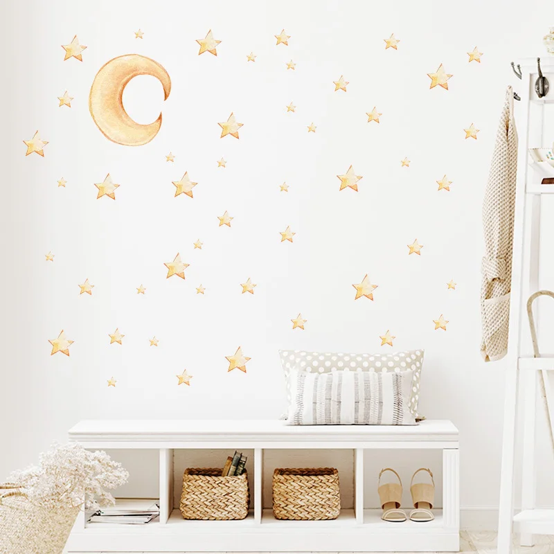 Watercolor Hand Drawn 1pc Gold Moon and 47 Gold Stars Wall Stickers for Kids Room Decorative Living Room Nursery Wall Decals