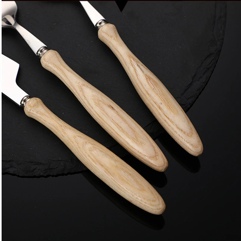 4 PCS Wooden Handle Cutlery Stainless Steel Dining Fork Coffee Spoon Steak Knife Set Japanese Tableware Kitchen Accessories