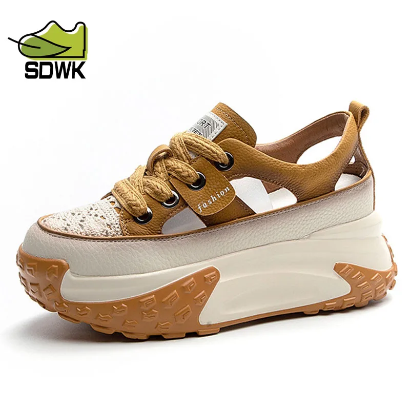 

SDWK 7cm Woman Shoes Genuine Leather Retro Colorful High-top Women's Sandals Summer Trendy Hollow Out Non-slip Casual Sneakers